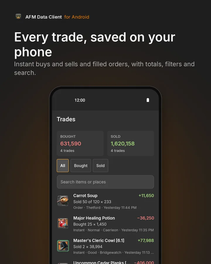 Tab Trades mit Kauf- und Verkaufssummen, Filtern, Suche und einer Liste von Trades