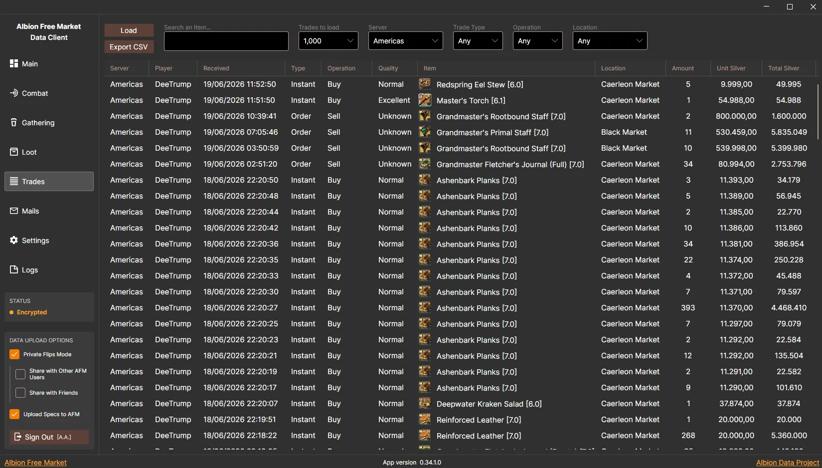 AFM Data Client trade history with filters and transaction totals